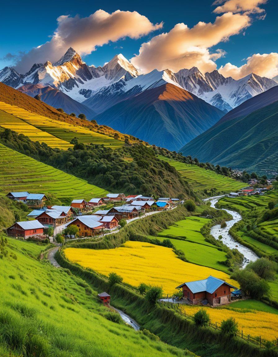 A stunning panoramic view of the Andes mountains, with diverse flora and fauna, showcasing a vibrant village nestled in the valley. Include people from different cultures engaging in sustainable activities like farming and eco-tourism. A clear blue sky with soft, fluffy clouds above emphasizes the beauty of nature. Bright colors reflect the richness of the landscapes and local traditions. super-realistic. vibrant colors. 3D.