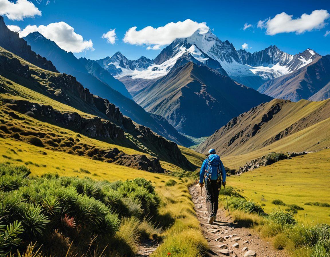 A stunning backdrop of the Cajalo Andes showcasing lush green hiking trails intertwined with vibrant local cultural elements. Include hikers enjoying the scenery, traditional festivals with colorful decorations, and local artisans at work. The sky should be bright and inviting, with a hint of majestic mountains in the distance. Capture the essence of adventure and community. super-realistic. vibrant colors. nature-focused.