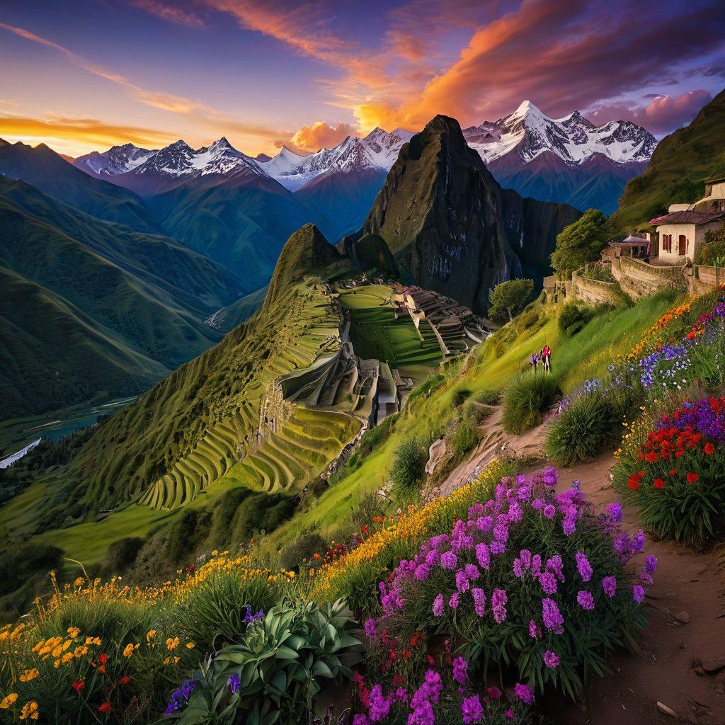 A breathtaking panoramic view of the Andes mountains with lush green valleys, vibrant wildflowers, and traditional Andean villages. Incorporate a group of adventurers hiking, showcasing diverse cultures with colorful clothing and cultural artifacts. Include the sun setting behind the peaks, casting a warm golden light over the landscape, evoking a sense of community and exploration. super-realistic. vibrant colors.